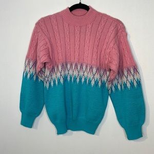 Vintage pastel diamond argyle print cable mock neck sweater